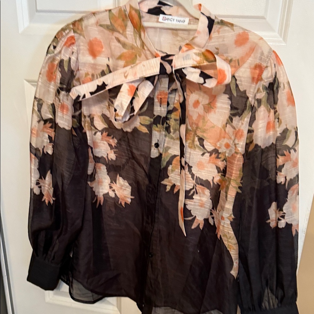 Abrand Black and Peach Floral Blouse with Bow